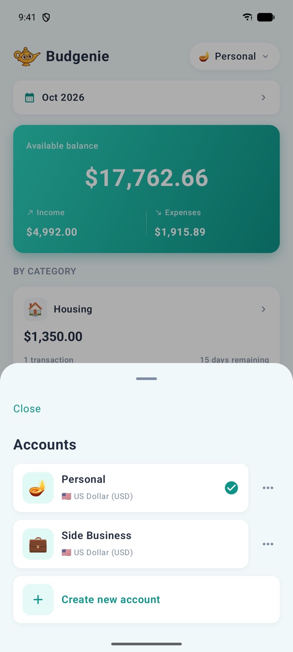 Account picker with Personal and Side Business accounts