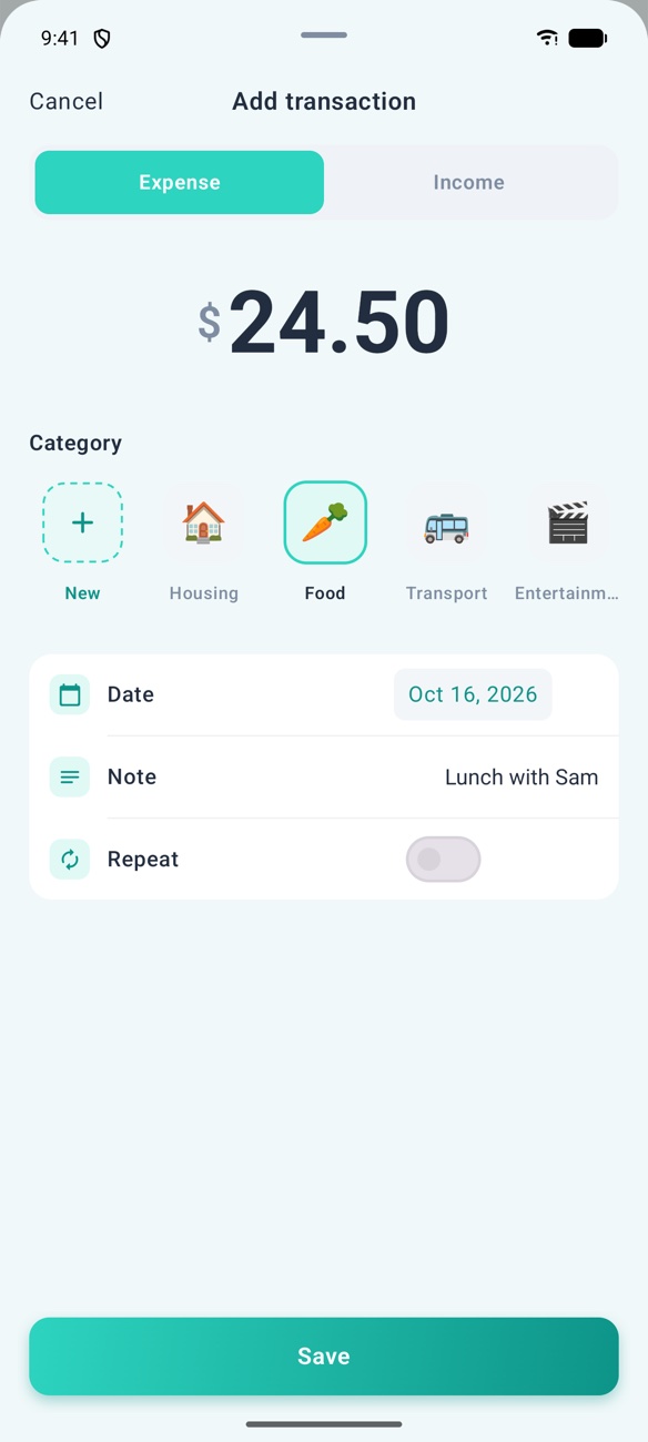 Add transaction sheet with amount $24.50, Food category selected and the note 'Lunch with Sam'