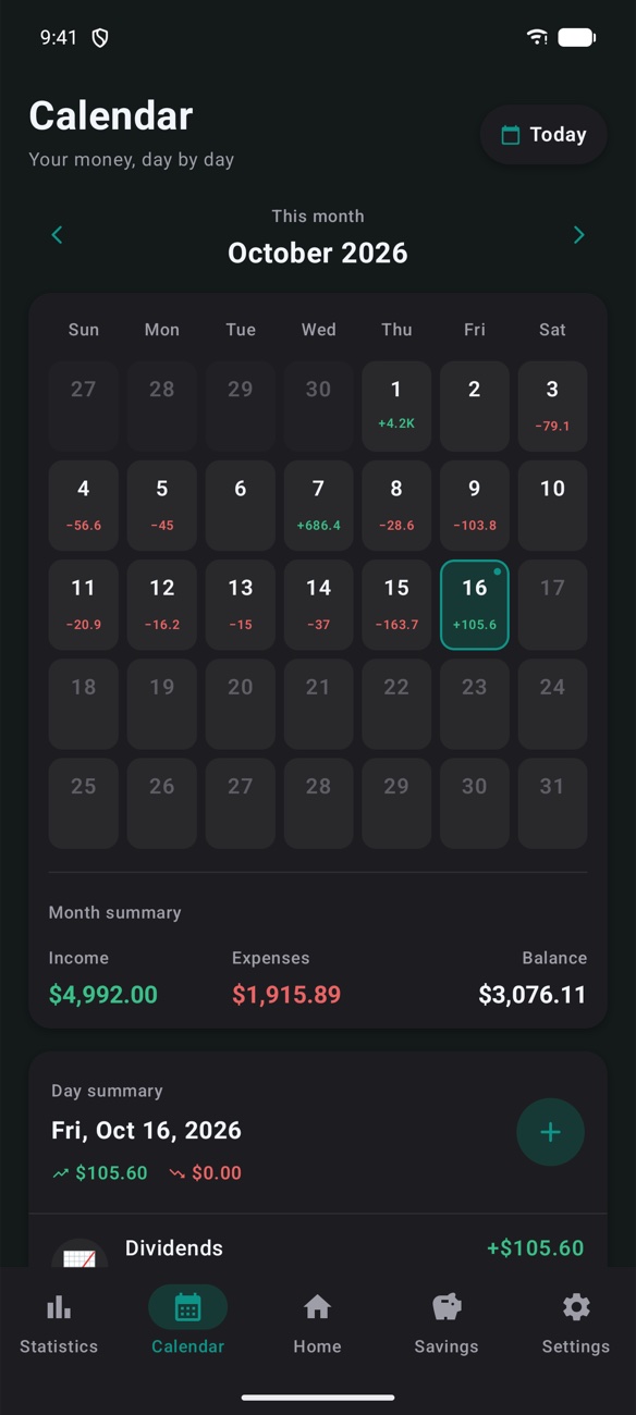 Calendar screen with daily income and expense totals for October and a month summary