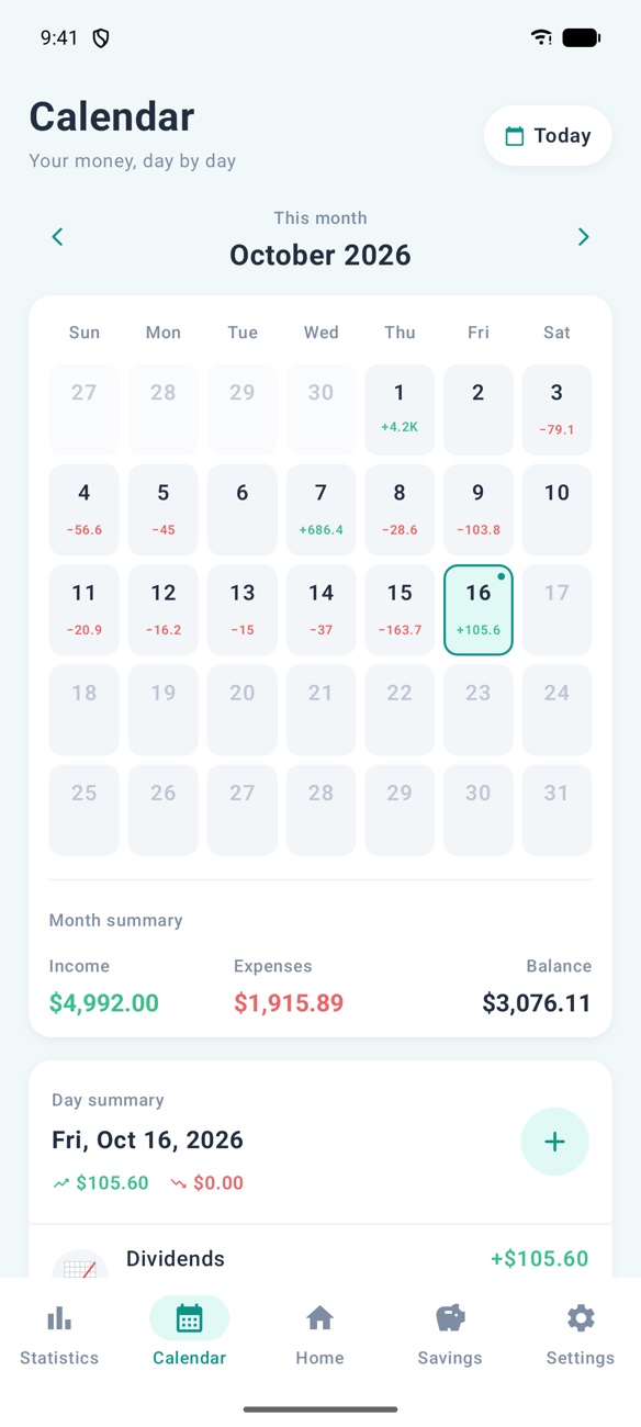 Calendar screen with daily income and expense totals for October and a month summary