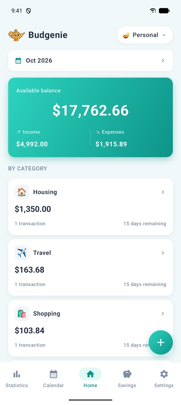 Budgenie home screen with a $17,762.66 available balance