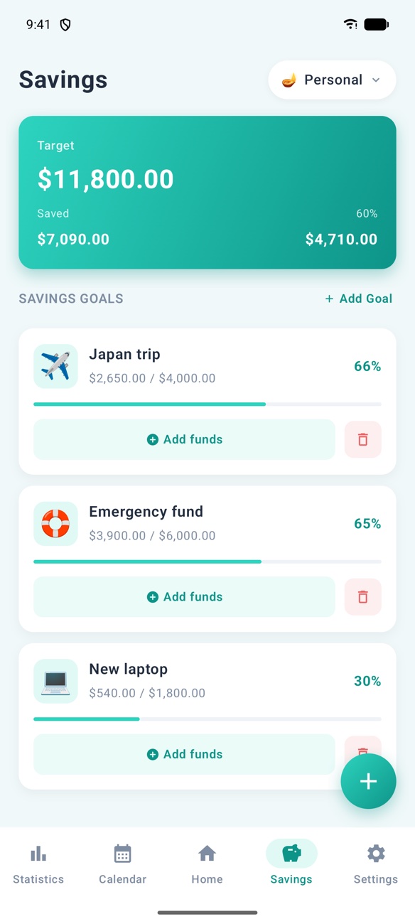 Savings screen with goals for a Japan trip, an emergency fund and a new laptop with progress bars